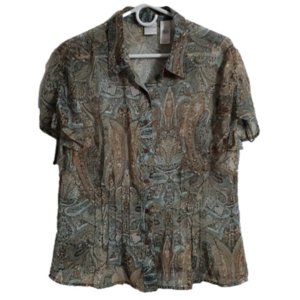 NWOT Emma James Sheer Fitted Short Sleeve Button Up Paisley Blouse Size …